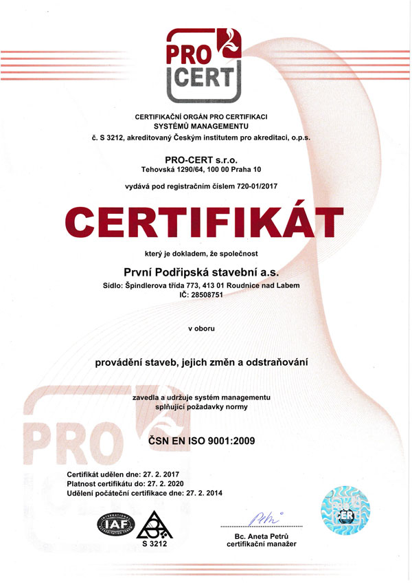 První Podřipská stavební a.s. - Stavební práce - Certifikát